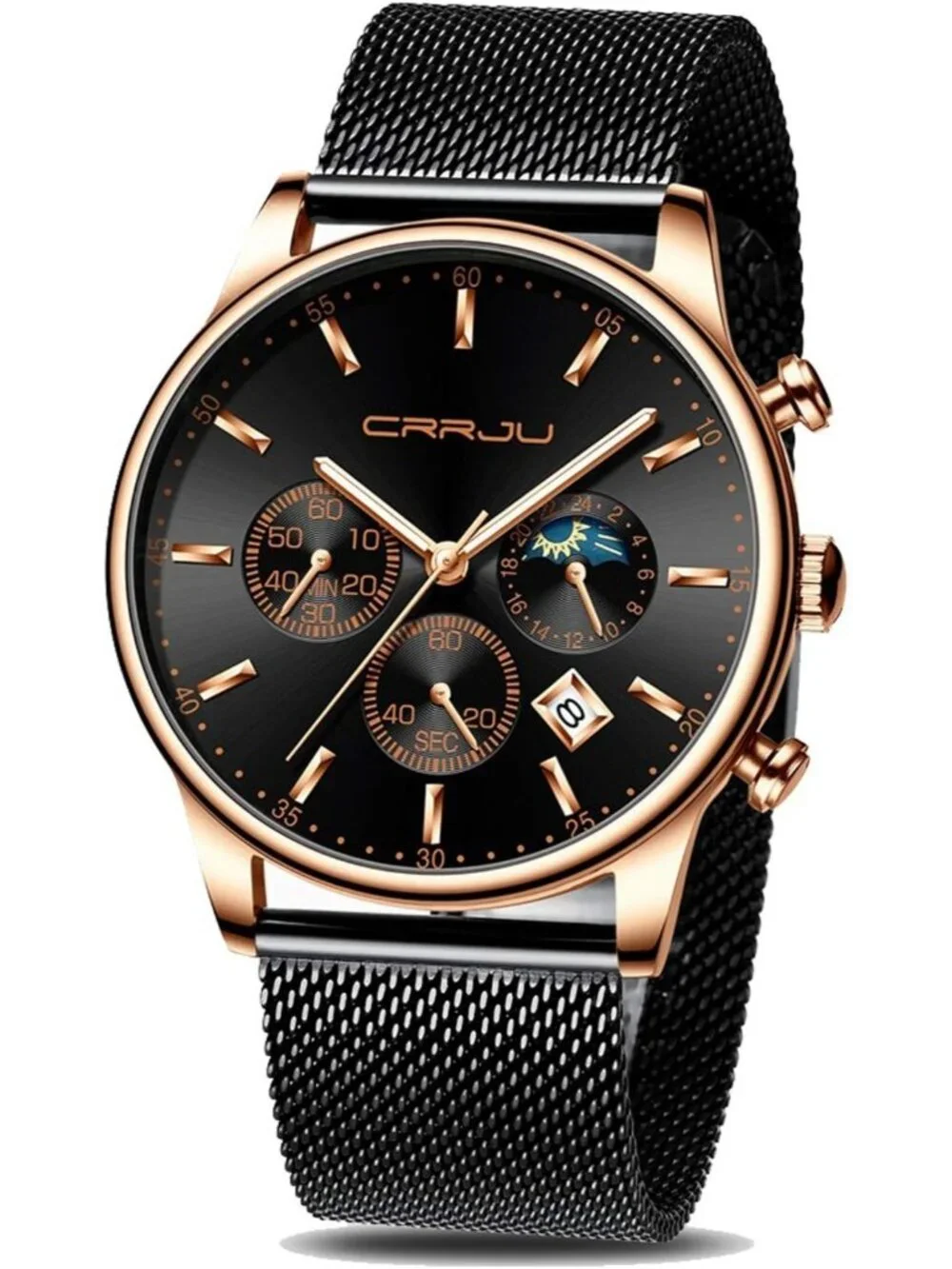 Men's Black Rose Chronograph Auto Date Steel Quartz with Mesh Strap Date Watch